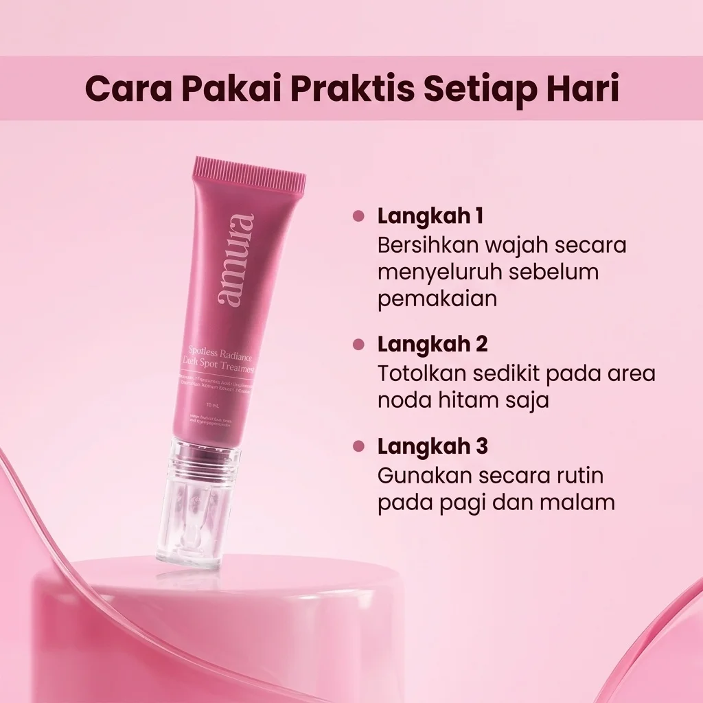 Ilustrasi Cara Pakai Praktis Setiap Hari untuk Amura Spotless Radiance Dark Spot Treatment solusi Ampuh untuk Flek Hitam &...